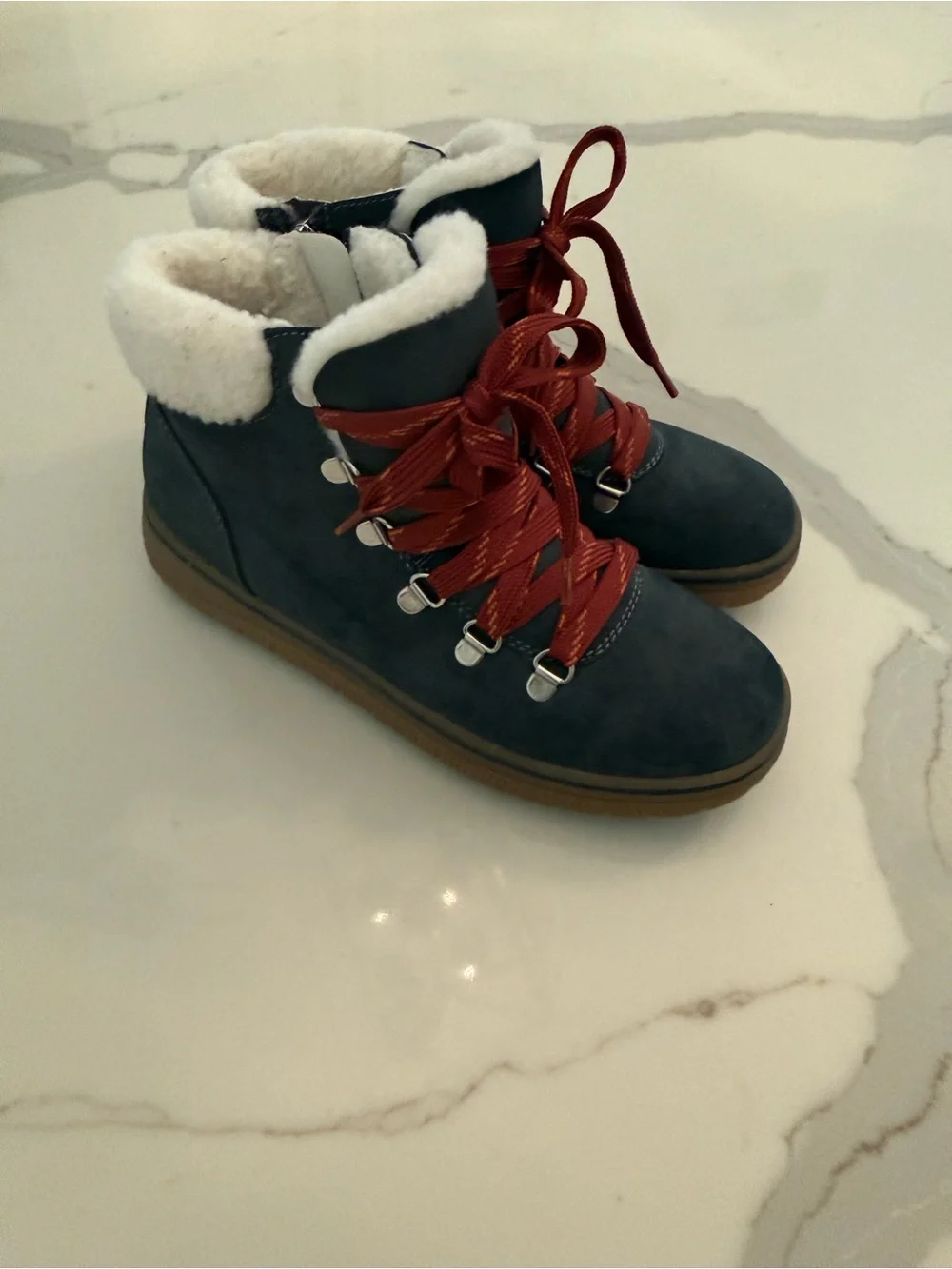 Everly Navy Winter Ankle Boot with Brown Sole and Red Laces